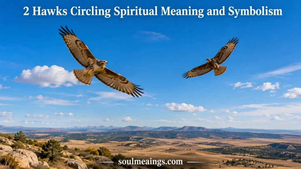 Two hawks flying in circles in the sky above a wide landscape.