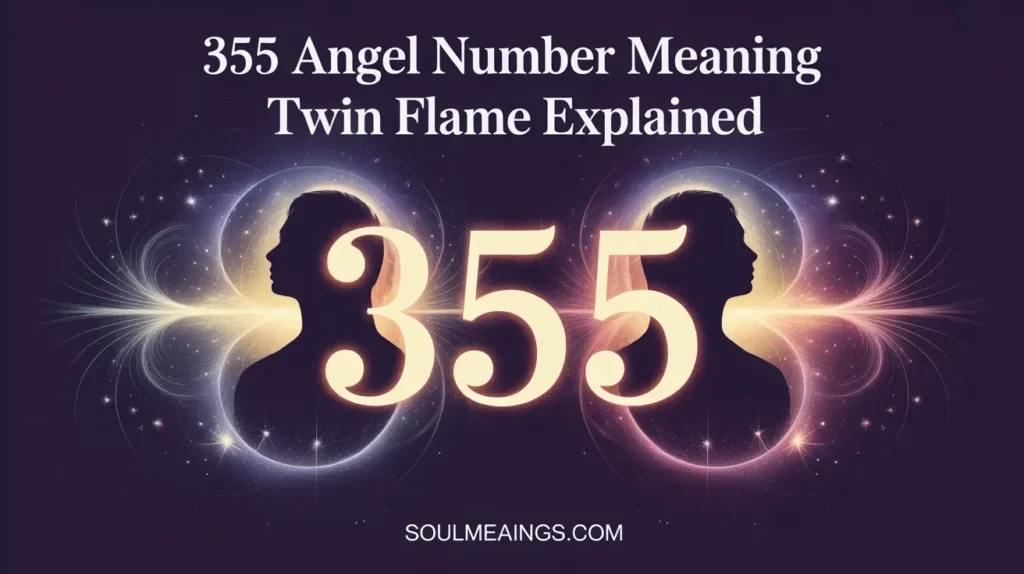 Angel number 355 glowing between two figures symbolizing twin flames