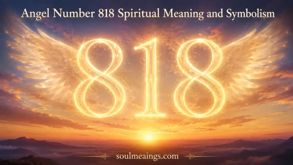 Glowing 818 angel number with sunrise and soft spiritual light.