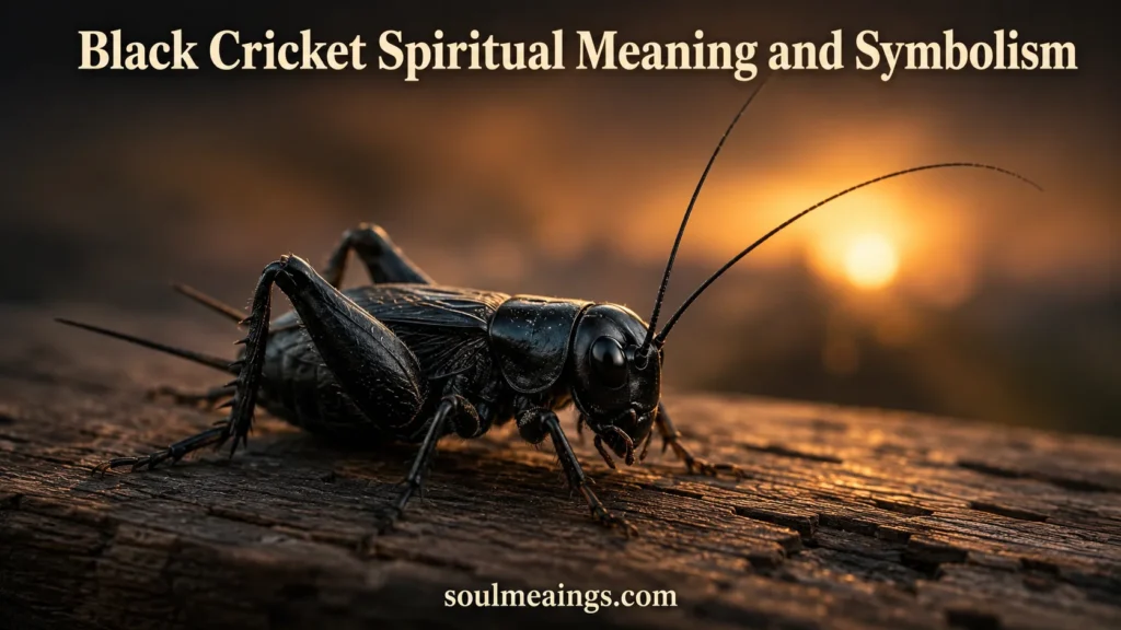 Black cricket resting on wood in dim evening light