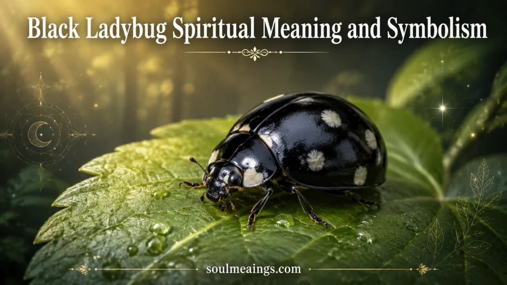 Black ladybug on a green leaf in soft light