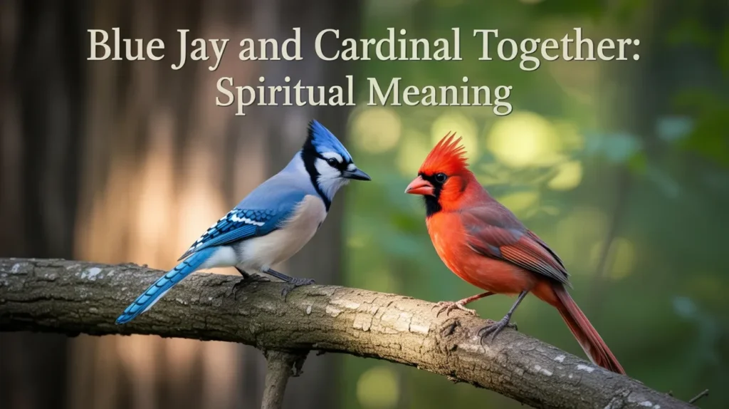 Blue jay and cardinal sitting together on a branch.