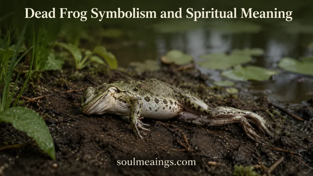 A dead frog resting on moist ground near water.