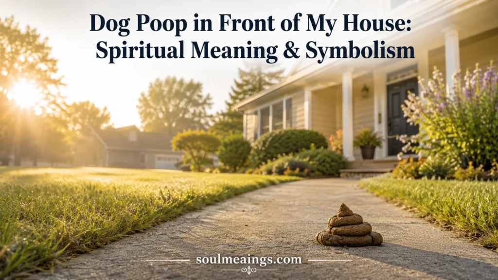 Dog poop on a front lawn near a house entrance.