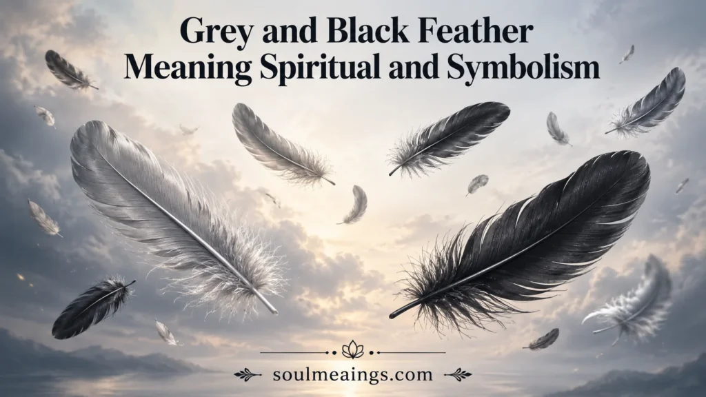 Grey and black feathers drifting in a calm, neutral-toned sky.
