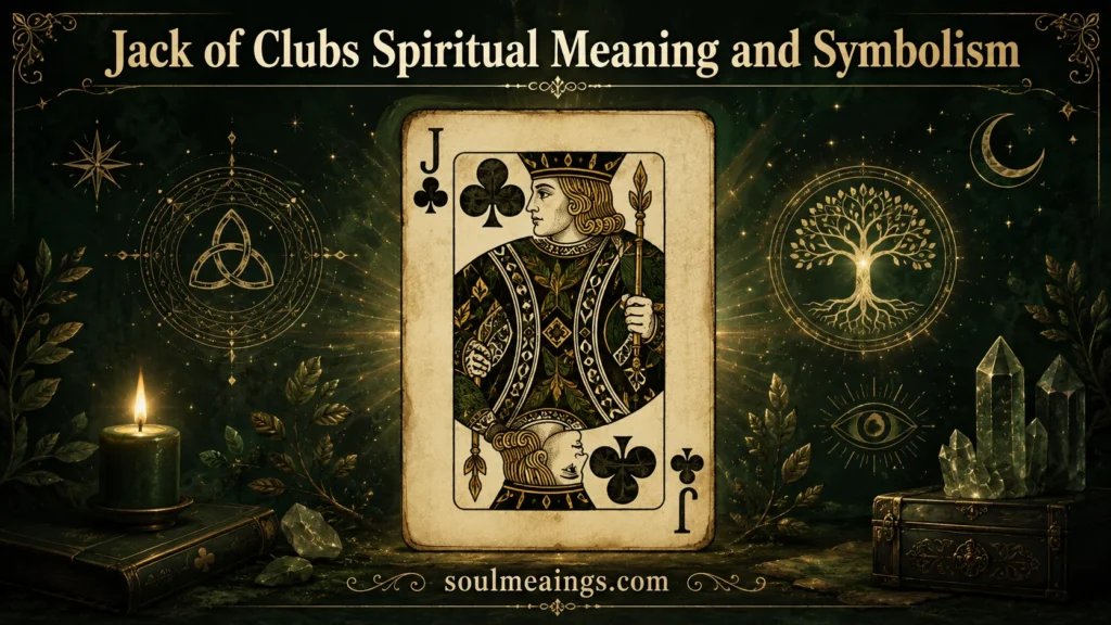 Illustration of the Jack of Clubs playing card with ornate details and symbolic accents.