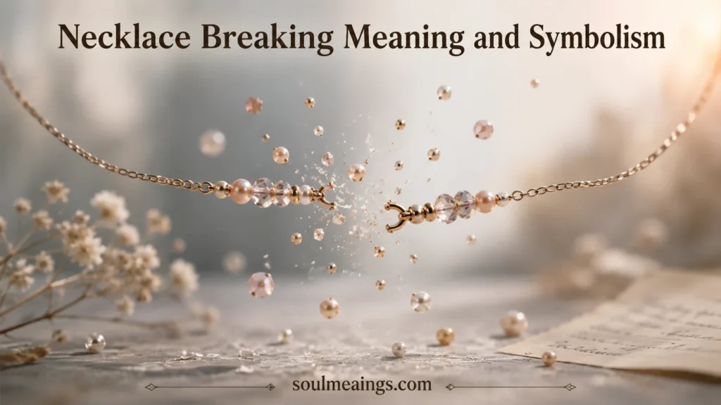 A broken necklace with scattered beads on a soft surface
