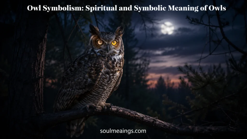 Owl sitting on a branch at night with bright eyes