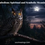 Owl sitting on a branch at night with bright eyes
