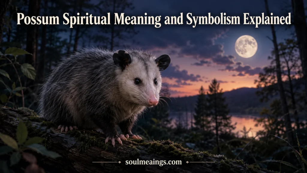 A quiet opossum in a forest at night under soft moonlight.