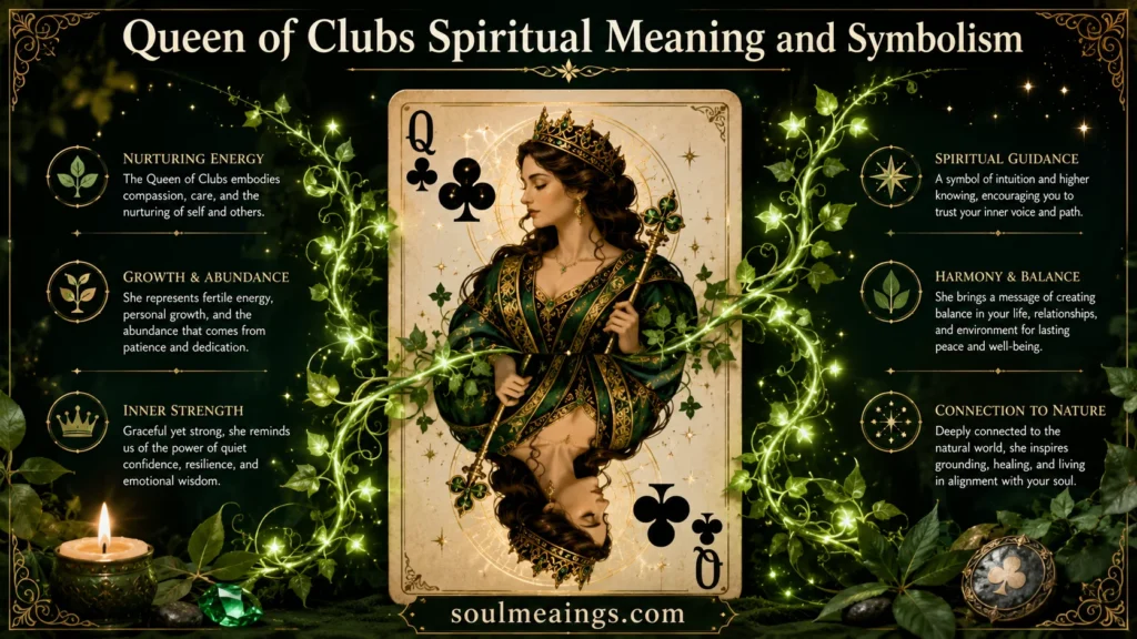 Queen of Clubs card with nature-inspired symbols and a calm queen figure