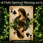 Queen of Clubs card with nature-inspired symbols and a calm queen figure