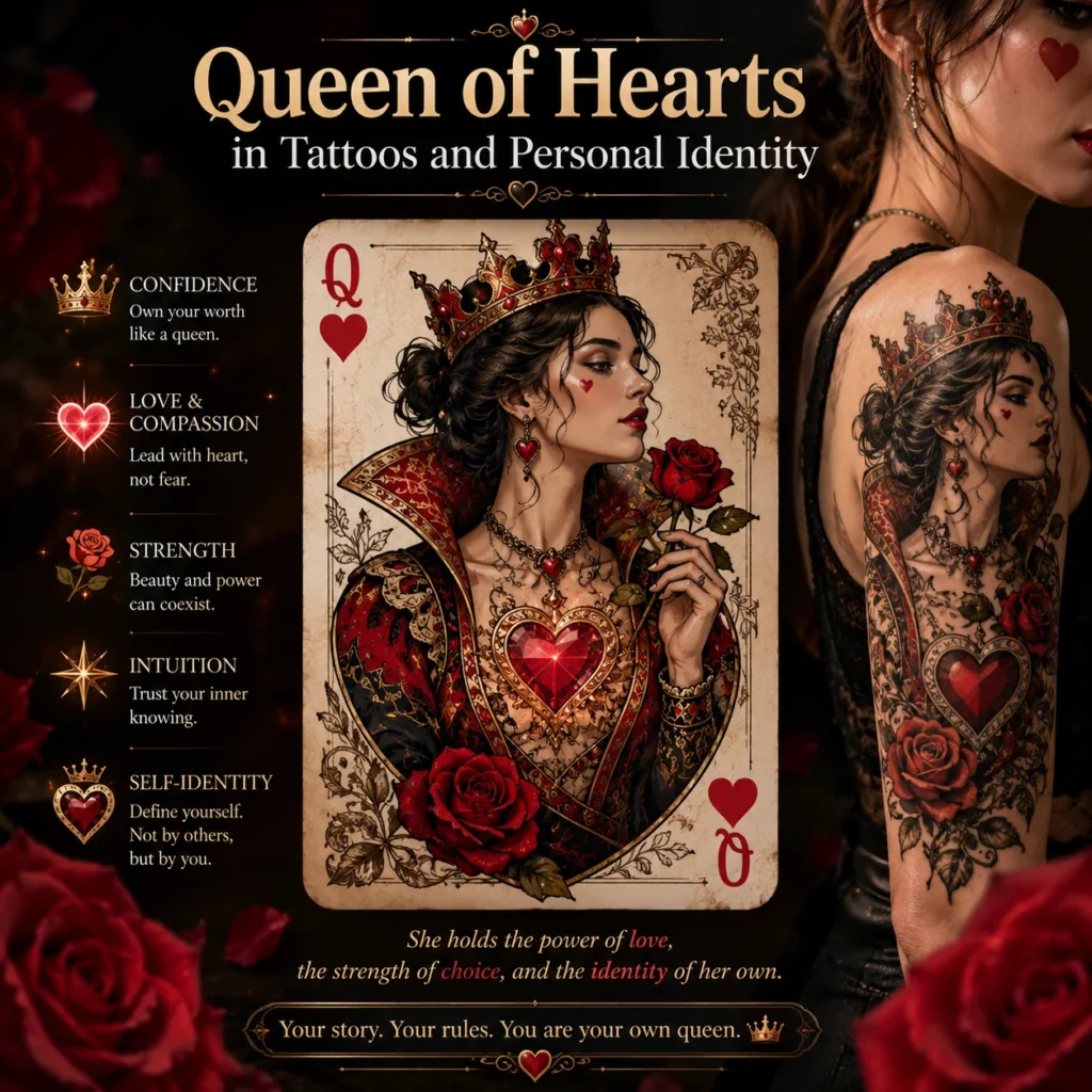 Queen of Hearts tattoo artwork with hearts, roses, and crown symbolism.