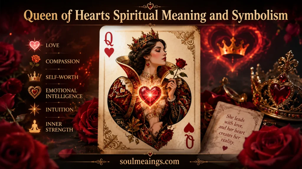 Queen of Hearts playing card with symbolic red hearts and crown
