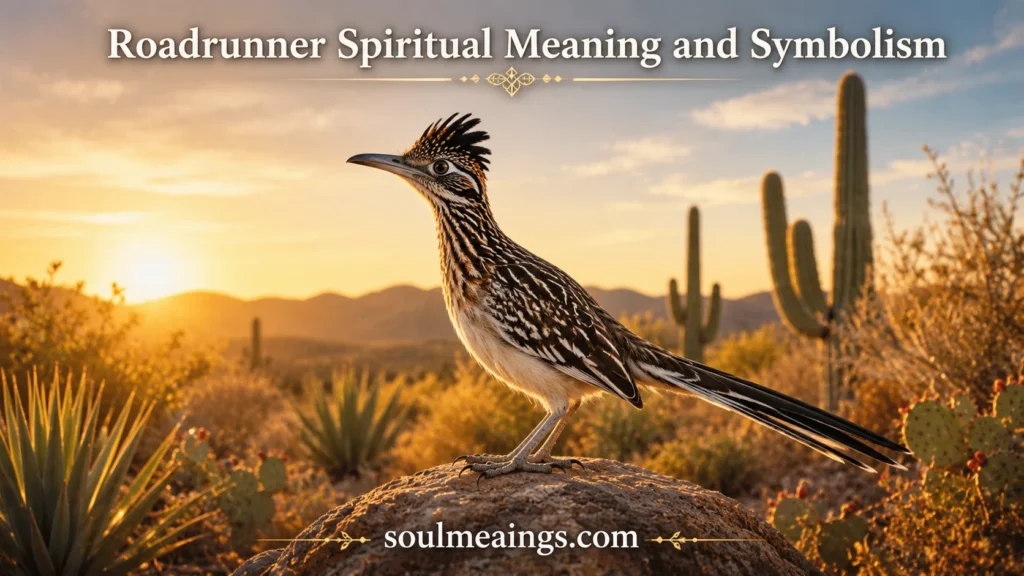 A roadrunner bird in a desert landscape with cacti and sunlight.