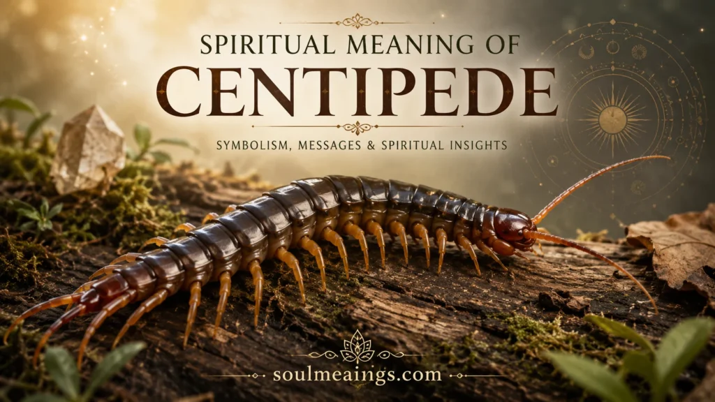 A centipede moving along the ground in soft natural lighting.