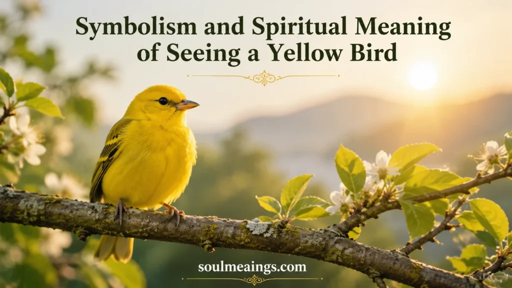 Yellow bird sitting on a branch in warm sunlight