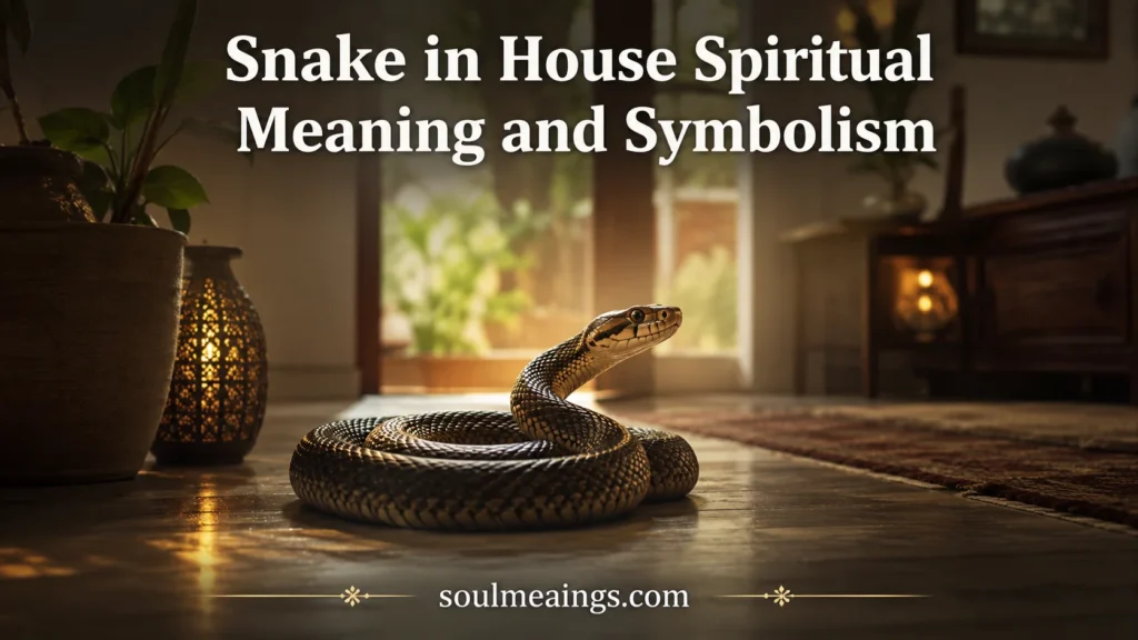 A snake inside a home, coiled near a doorway in warm light.