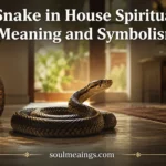 A snake inside a home, coiled near a doorway in warm light.