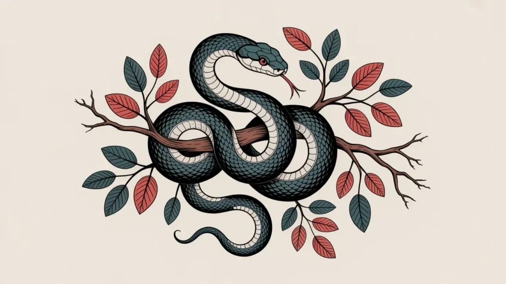 Artistic snake coiled around a branch with symbolic elements