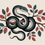 Artistic snake coiled around a branch with symbolic elements