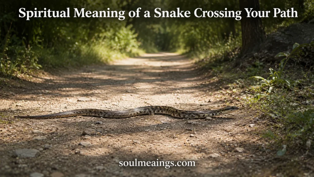 A snake crossing a dirt path in a quiet wooded area.