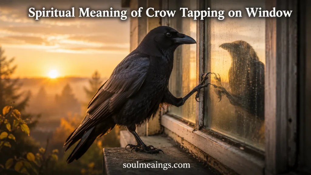 Crow tapping on a window in early morning light