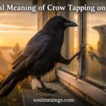 Crow tapping on a window in early morning light