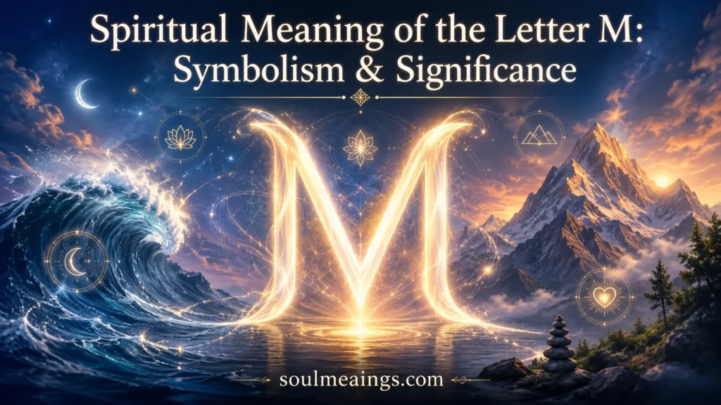 Illuminated letter M with spiritual and natural symbols