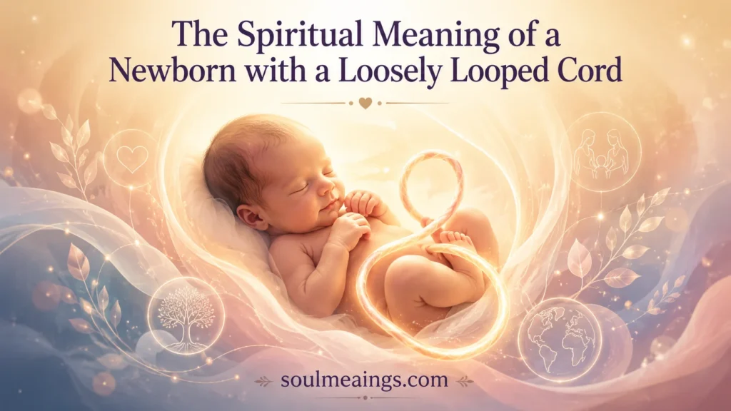 Artistic depiction of a baby with umbilical cord around neck in a symbolic, gentle style