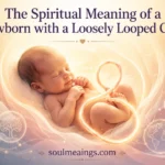 Artistic depiction of a baby with umbilical cord around neck in a symbolic, gentle style