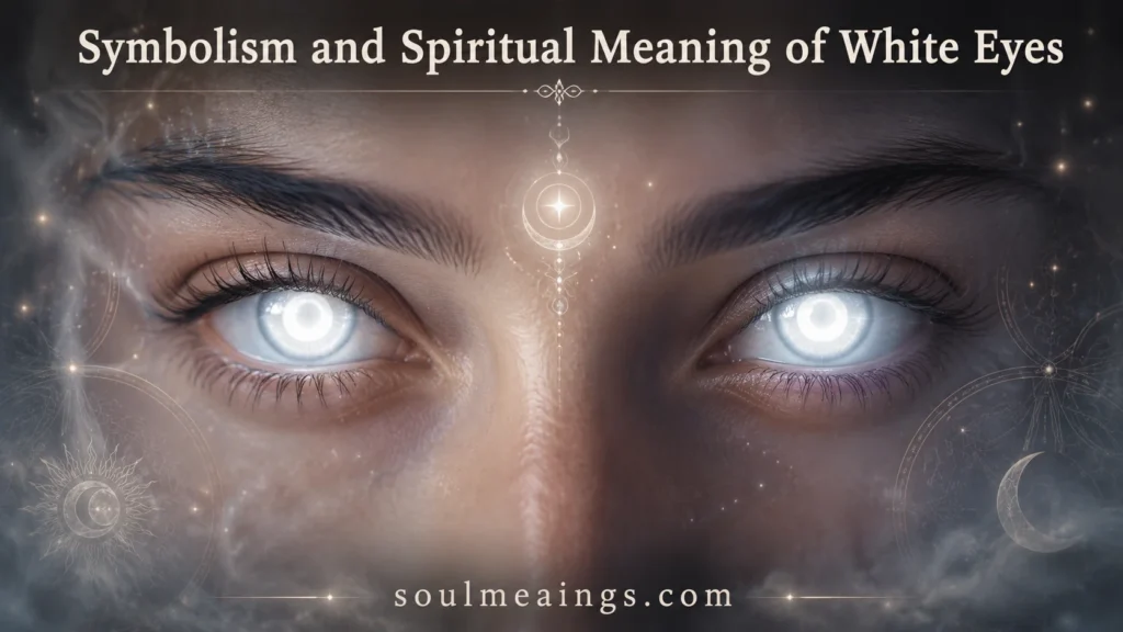 Human eyes with white irises glowing softly