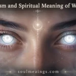 Human eyes with white irises glowing softly