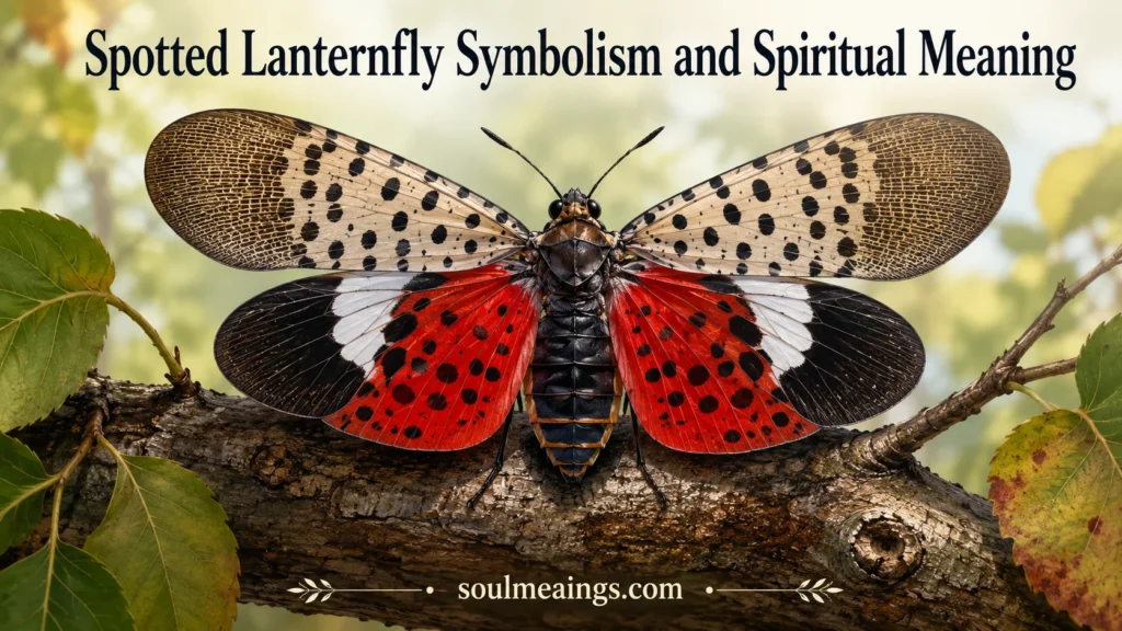 Spotted lanternfly with open wings displaying red and black patterns on a tree.
