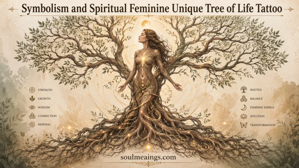 Feminine Tree of Life tattoo with intricate roots and branches.