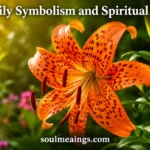 Bright orange tiger lily flower with dark spots in a garden.