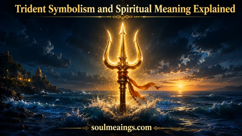 A trident rising from the sea with light surrounding it