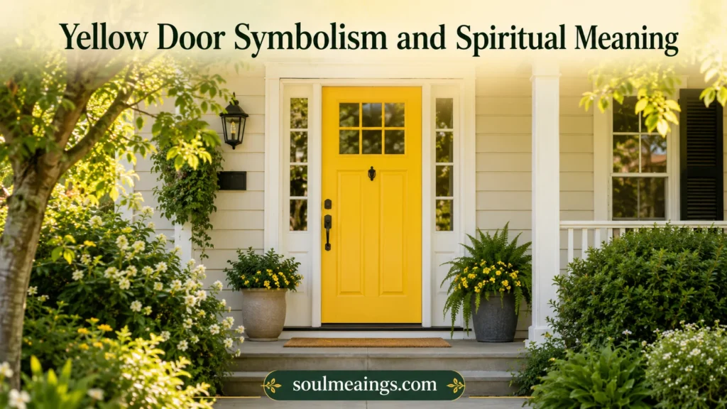 A cheerful yellow front door on a house with a welcoming appearance