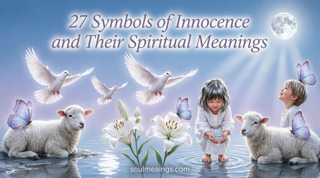A collection of traditional symbols of innocence arranged in a calm spiritual scene.