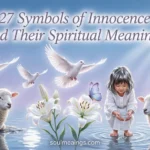 A collection of traditional symbols of innocence arranged in a calm spiritual scene.