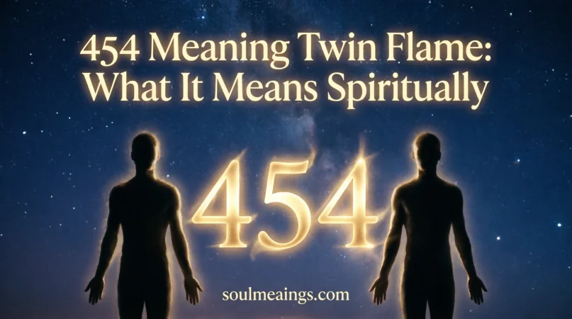 Angel number 454 glowing between two twin flame figures.