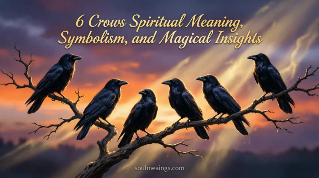 Six black crows sitting on a tree branch against a glowing sunset sky.