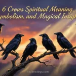 Six black crows sitting on a tree branch against a glowing sunset sky.