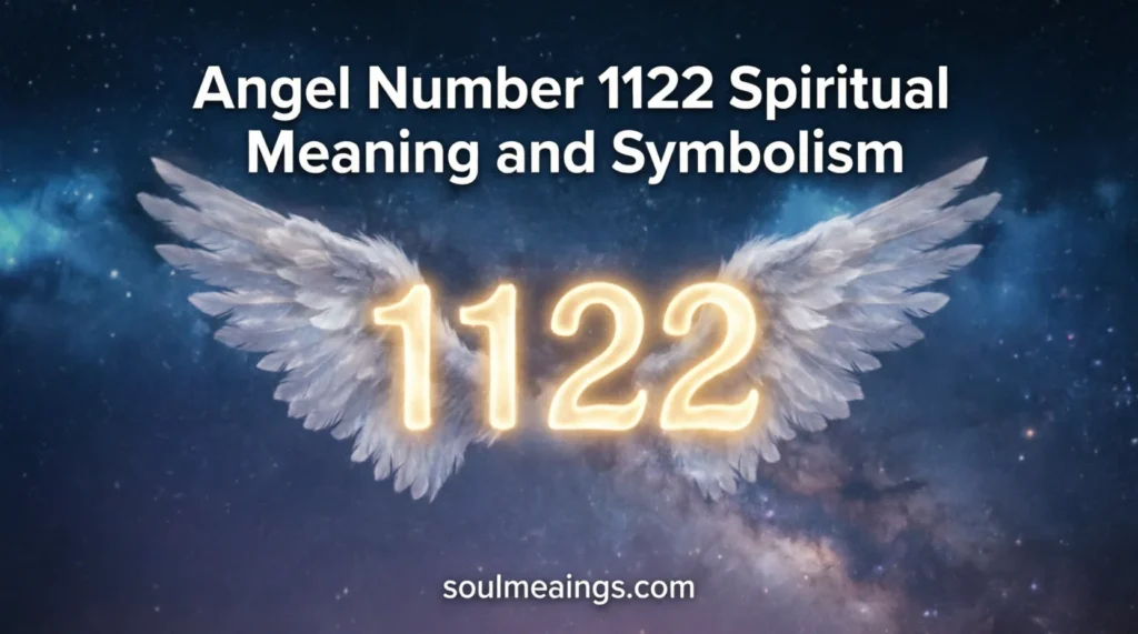 Glowing angel number 1122 with wings in a peaceful sky