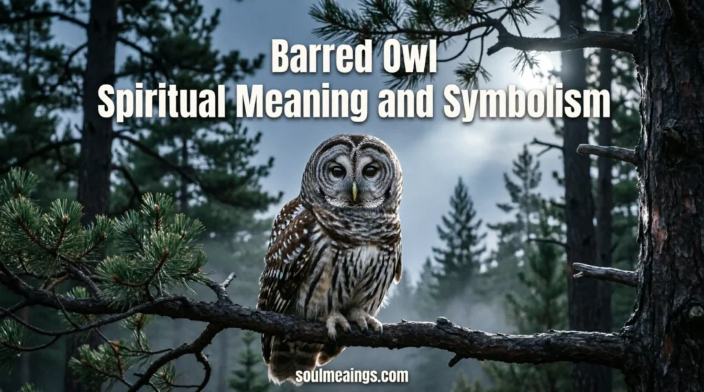 A barred owl sitting quietly on a tree branch in a moonlit forest.