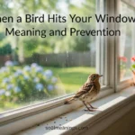 Small bird near a residential window with bird-safe window markings.