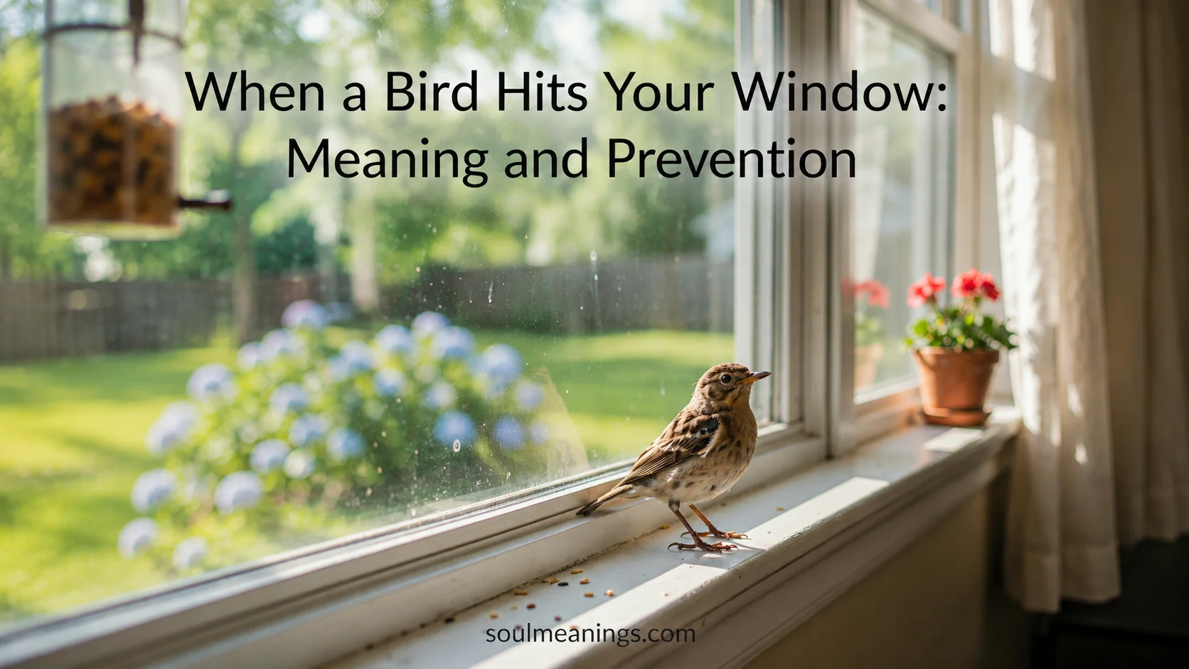 Small bird near a residential window with bird-safe window markings.