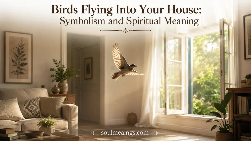 A bird flying into a cozy American home through an open window.