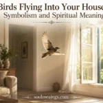 A bird flying into a cozy American home through an open window.