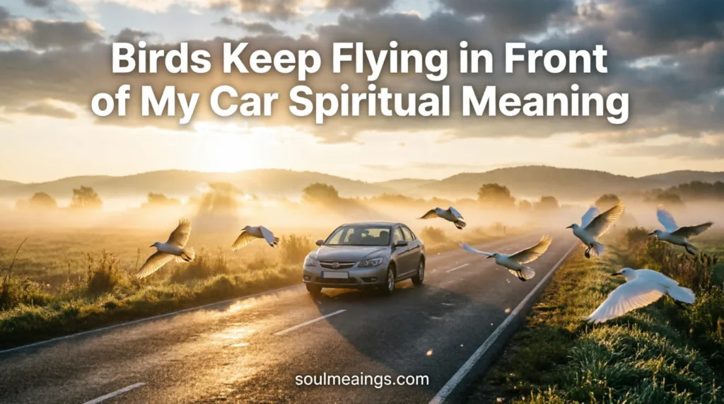 Birds flying in front of a car on a quiet road at sunrise.